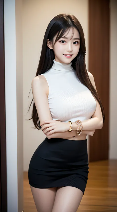 1girl in, 24 year old,（11 head body:2.0）,（beauty legs:2.0),(Refreshing smile:1.2),(Look at viewers:1.1）,straight haired, Long hair, （hide ones hands:2.0） ,mideum breasts ,(Large bracelet:1.2),（High neck sleeveless knit), （（micro skirt:1.5),beauty legs、pin ...