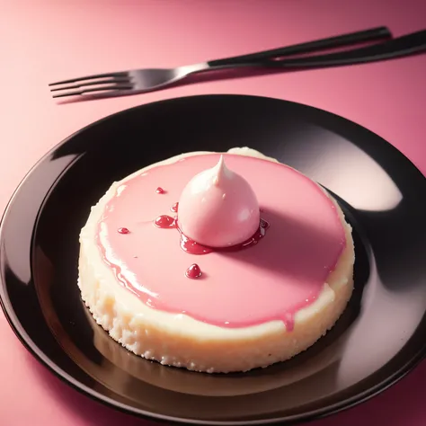 high end photography, digital painting, ultra clean high definition, a piece of pudding on a plate , pink background