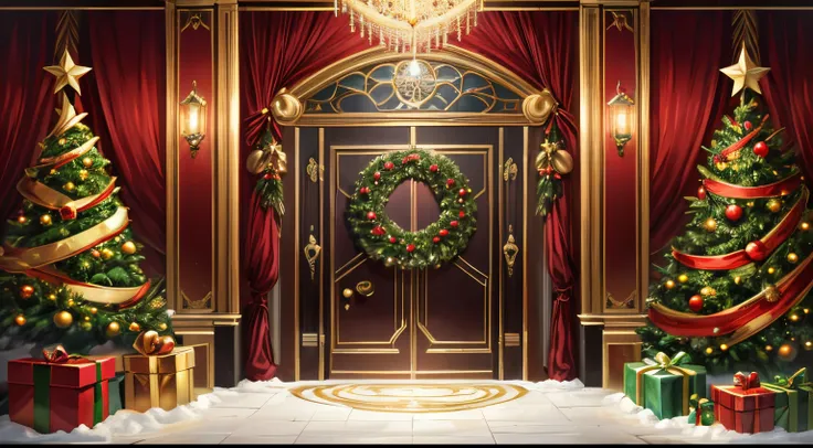 A very elegant christmas door with elegant decorations around, the wall around is all covered with christmas decorations, many decorations, 4k, no type, no tilted view, front view, dramatic lights, ornaments