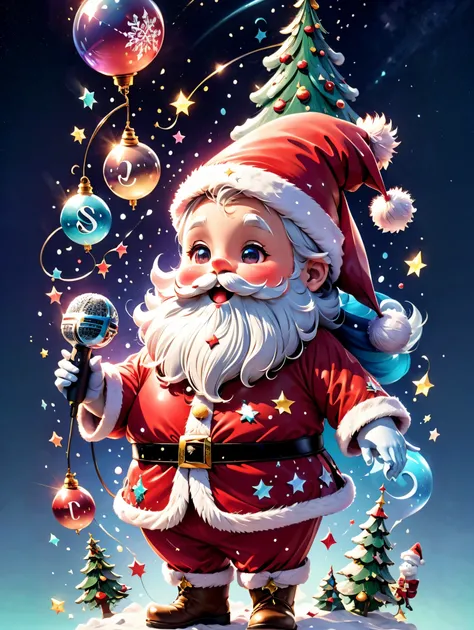 chalk gray style, ((1 glowing magical cute Santa Claus))，((Singing with a microphone)), ((Syllable symbols floating in the air))，Christmas tree，Lantern，pompon，Candy elements，Snowy days，8K, Irridescent color, kawaii, cute big breasts, number art, high qulit...