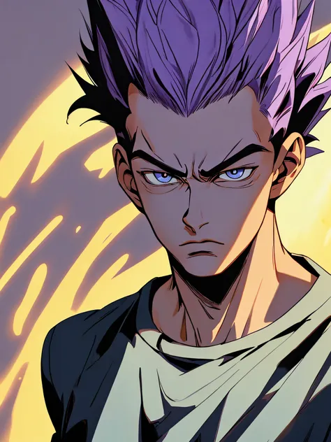 The perfect art of Vegetas superego, Purple hair and eyes, Wrapped in purple energy and rays, The expression is serious, chiseled muscles, realistic shaded, incredibily detailed, perfect  eyes, Perfect hands, full bodyesbian, blue attire, Dark sky in backg...