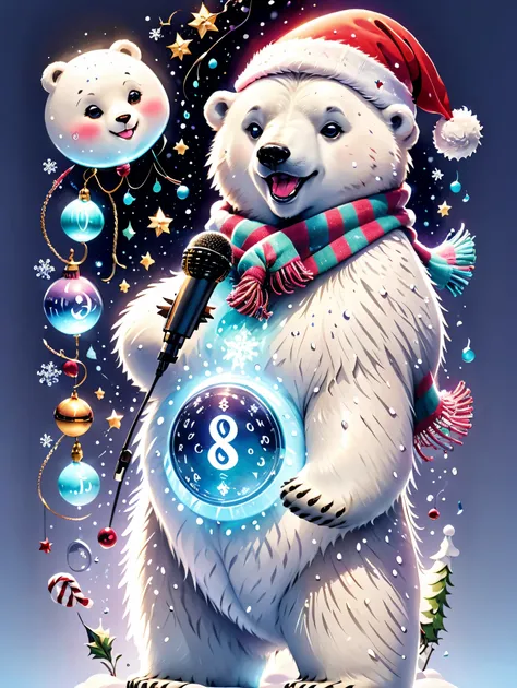 ((1 glowing magical cute polar bear wearing a christmas hat and scarf))，((singing with a microphone)), (((many syllable symbols ...