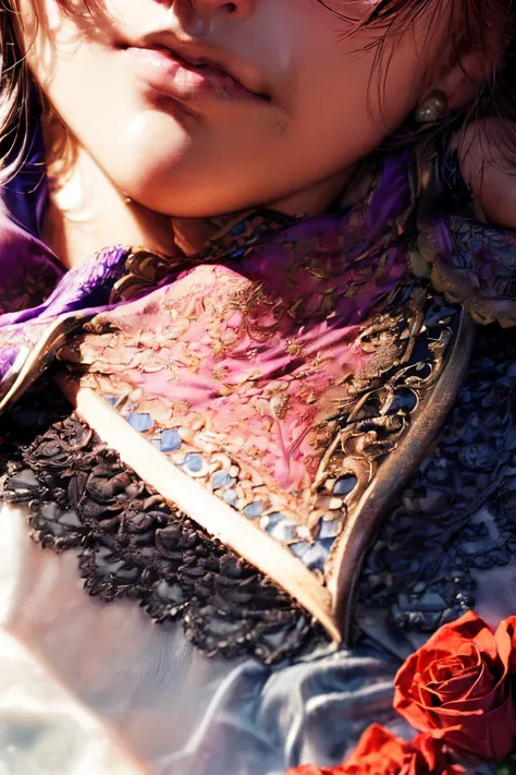 (Close-up of handkerchief:1.8) embroidered with roses