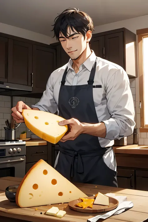 A man i a wood like kitchen who loves chesse alot infact he loves cheese so much he will die without chesse