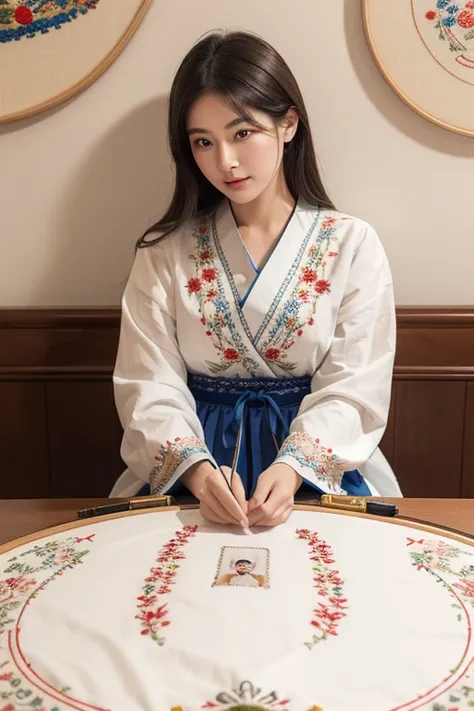 Best composition、(A beautiful woman in national costume、Thread thick embroidery thread through needle、Embroider a picture of a beautiful girl based on the sketch、A picture of a beautiful girl is embroidered on the circular embroidery frame.。.)、On the table