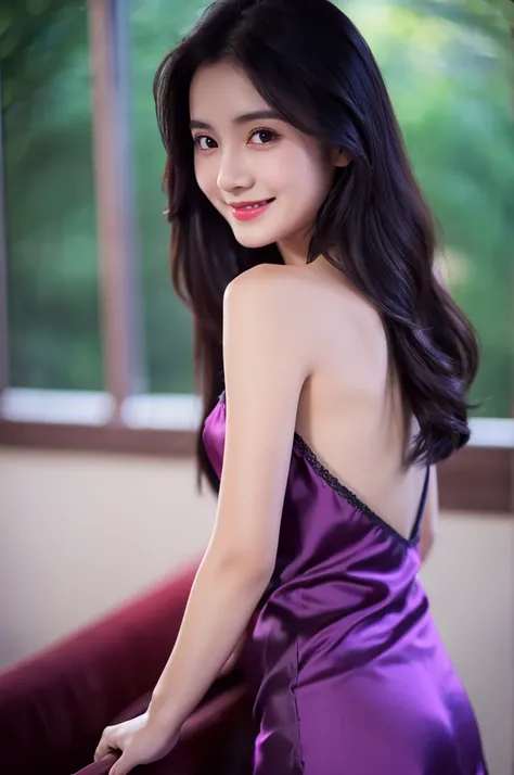 dark purple silk slip dress, Vietnamese girl, Vietnam, Vietnamese, satin, pretty girl, wide smile , long hair, Realistic lighting, delicate face, cute expression, Body perfect anatomy,Top Quality, 8K Resolution , full body , realistic , real human , High q...