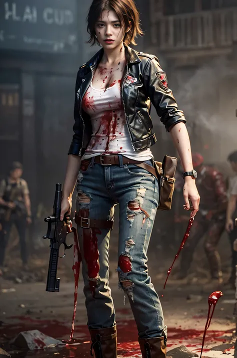 Resident evil, Beautiful Claire Redfield, Recreate the gun in detail、Elaborate face、Best Beauties、Standing with long legs open、beauty legs、White denim tight pants stained with blood and mud、leather jackets、Holding a handgun、Lively shots、White T-shirt stain...