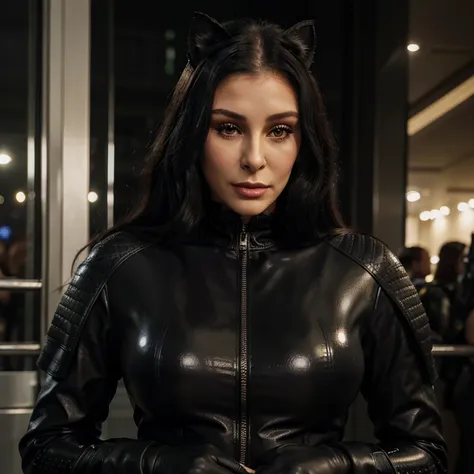 Cher as catwoman, hyper detailed,4k, realistic, photo, hyperdetailed,detailed combat suit, black leather