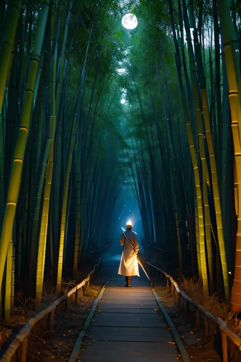 The lonely swordsman on the path under the moonlight in the quiet bamboo forest