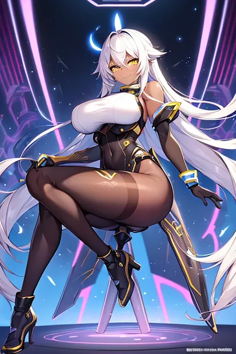 1girl, dark-skinned female, dark skin, white hair, long hair, large breasts, breasts, wide hips, yellow eyes, smile, smirk, smug, bodysuit, black bodysuit, white trim, sleeveless, black pantyhose, pantyhose, white neon trim, neon trim, futuristic, tech, sc...