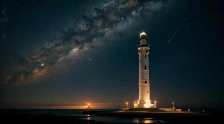 The background is the vast universe at night,A lighthouse is similar in size to a space shuttle, lighthouse on earth, Space shuttle in the sky