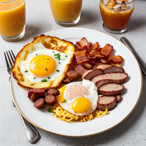 Breakfast plate with bacon, sausages, one sunny side up, hash browns, and a glass of orange juice