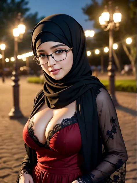 cowboy_pose,naughty, (iu:0.8),cleavage, RAW, Best quality, high resolution, Masterpiece: 1.3, Beautiful glasses sexy hijabi  in elaborate park at night, Masterpiece, Soft smile