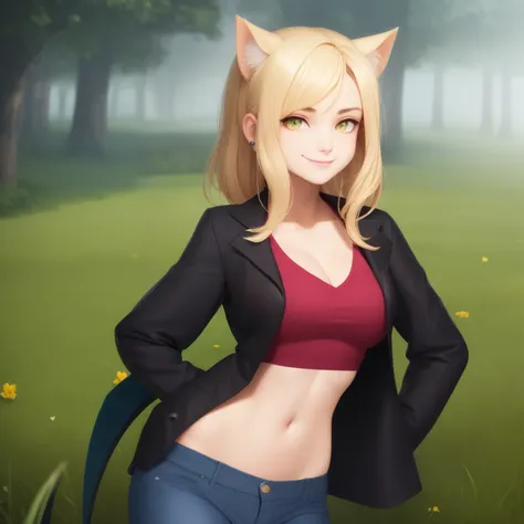 1girl., (anthro furry:1.4), CatBat, (feline, Bat wings, ear piercing, notched ear), blue torn jeans, Black jacket, scar across eye), yellow eyes, Green body, ((best quality:1.4), highres, crisp clea), furry female, hands on hips, (without fur Green skin:1....