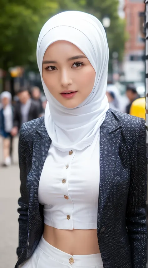 swedish, ((Best quality, 8k, Masterpiece :1.3)), Sharp focus :1.2, A pretty woman with perfect figure :1.4, Slender abs :1.2, ((hijabi, Big breasts :1.2)), (Blazer over very thin white button up shirt :1.1), City street:1.2, Highly detailed face and skin t...