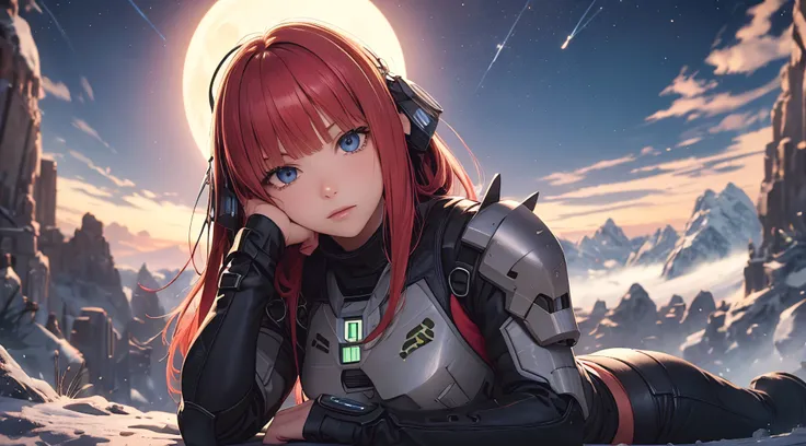 Nino Nakano ,sexy ,armadura de halo infinite,lago nevado noche luz de luna