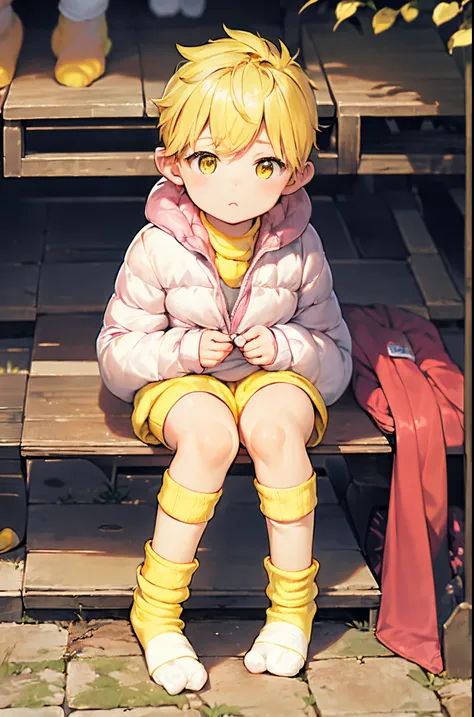 pink hair and shiny golden eyes、Chubby little boy in boxer briefs with a down jacket sitting on a bench, 年轻, Cute Boy, child, Small, Toddler, Soft light, (sox:1.4), (Little Boy:1.4), (Shota:1.4), (Cute:1.4), (Small:1.6), (yellow socks:1.8), (Down jacket:1....