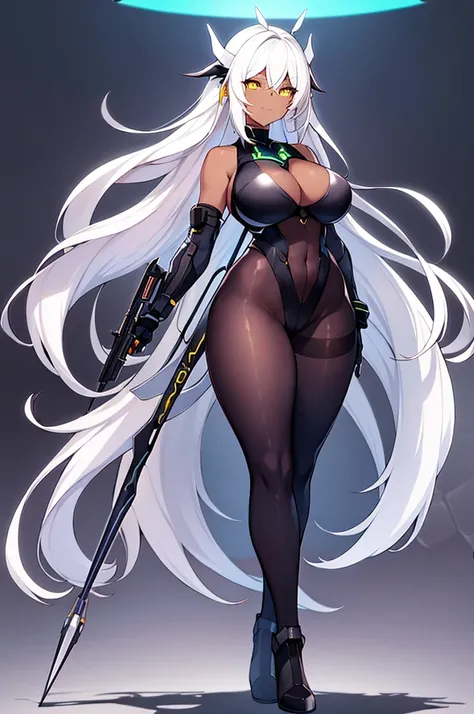 1girl, dark-skinned female, dark skin, white hair, long hair, large breasts, breasts, wide hips, yellow eyes, smile, smirk, smug, bodysuit, black bodysuit, white trim, sleeveless, black pantyhose, pantyhose, white neon trim, neon trim, futuristic, tech, sc...