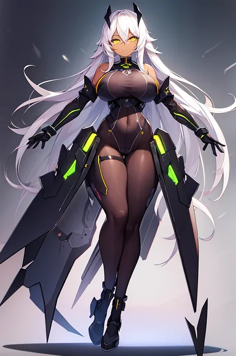 1girl, dark-skinned female, dark skin, white hair, long hair, large breasts, breasts, wide hips, yellow eyes, smile, smirk, smug, bodysuit, black bodysuit, white trim, sleeveless, black pantyhose, pantyhose, white neon trim, neon trim, futuristic, tech, sc...