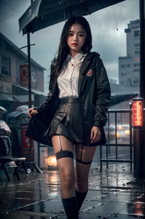 8K，tmasterpiece，Best quality，hyper-detailing，realistically，realistically，Extremely detailed face，电影灯光，电影灯光，ray traycing，unlit hair， On cloudy streets，Corner store，Bus stop，Buoggy and heavy rain，Girl with long black hair and black eyes.。She is wearing a red...