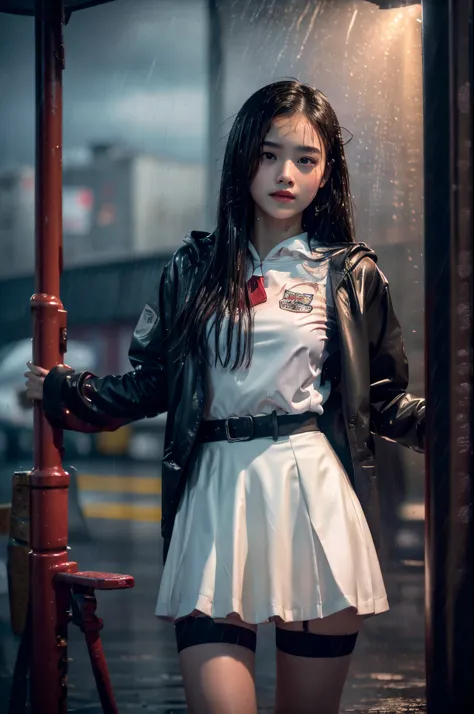 8K，tmasterpiece，Best quality，hyper-detailing，realistically，realistically，Extremely detailed face，电影灯光，电影灯光，ray traycing，unlit hair， On cloudy streets，Corner store，Bus stop，Buoggy and heavy rain，Girl with long black hair and black eyes.。She is wearing a red...