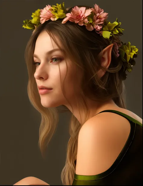 beautiful elf woman, skin detail, skin pores, eye detail, blonde hair, wearing a crown of flowers on her head, realistic, studio lighting, shadows