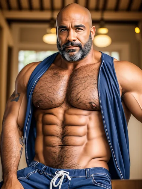 Um retrato Realista, Um retrato fotografia de corpo inteiro Um trator beefy fazendeiro italiano de 49 anos careca Forte musculoso, barriga peluda grande, hairy chest and abdominal wearing a teared shorts showing his huge legs muscles, hairy pubis, tamanho ...