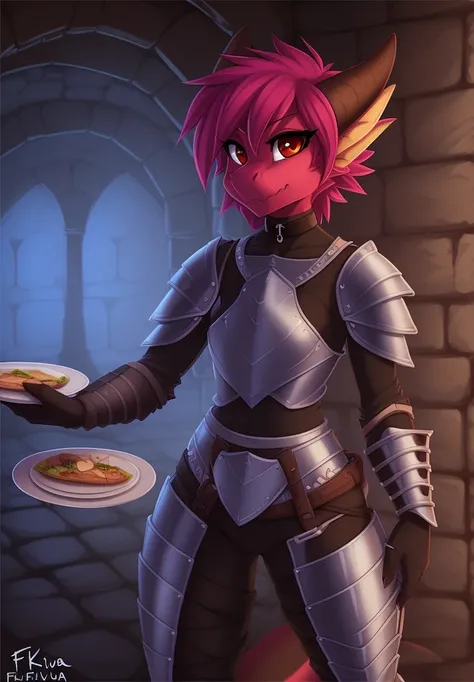 fluff-kevlar, by fluff-kevlar, anthro, ((kobold)), female, ((1woman)), ((small breasts)), ((wide hip)), on e621, choker, detailed body, finely detailed eyes, female focus, ((plate armor)), ((dungeon)), solo,