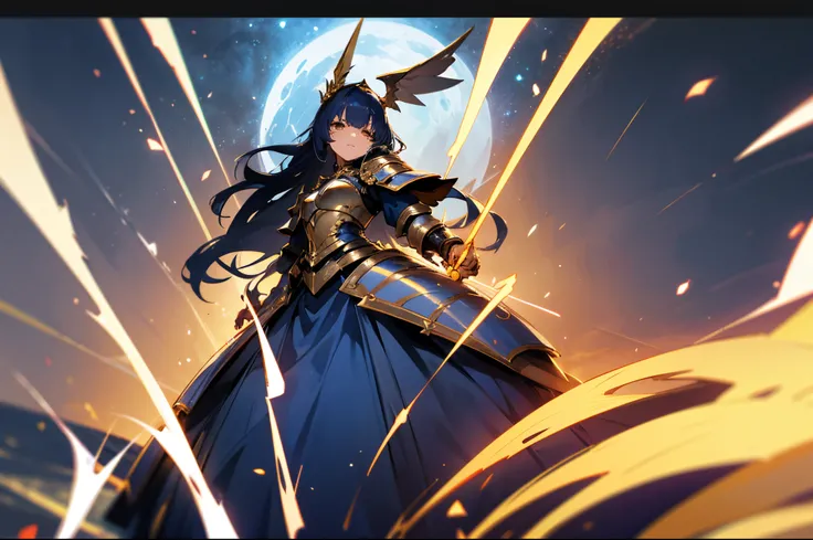 dark blue long hair，raging fire，By bangs，hair covering one eye，Golden eyes，incredulous，starrysky，long  skirt，White-gold armor，The armor has a golden border，incredulouuturistic，warriors，Knight spear