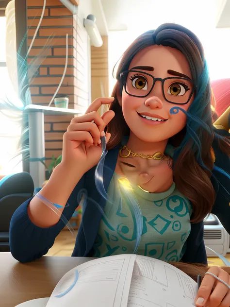 uma mulher morena de cabelos crespe encaracolados no estilo Disney pixar, alta qualidade, melhor qualidade