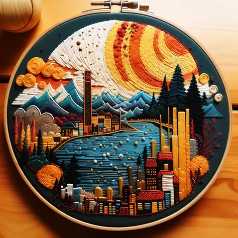 masterpiece, best quality, highly detailed, 
cuocuoxiu, punch needle embroidery, scenery, no humans, CPU, traditional media, gorgeous,
circuit board background,