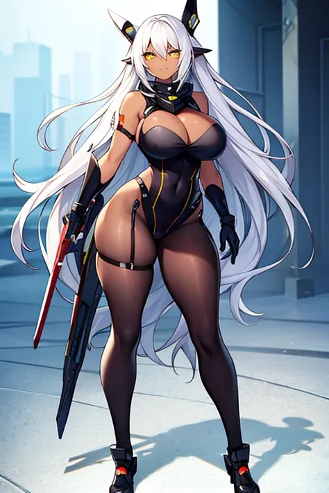 1girl, dark-skinned female, dark skin, white hair, long hair, large breasts, breasts, wide hips, yellow eyes, smile, smirk, smug, bodysuit, black bodysuit, white trim, sleeveless, black pantyhose, pantyhose, white neon trim, neon trim, futuristic, tech, sc...