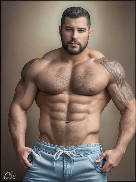 Um retrato Realista, Um retrato fotografia de corpo inteiro Um trator beefy fazendeiro italiano de 49 anos careca Forte musculoso, barriga peluda grande, hairy chest and abdominal wearing a teared shorts showing his huge legs muscles, hairy pubis, tamanho ...