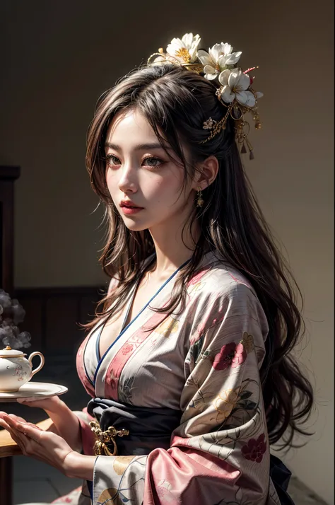 (best quality,highres,masterpiece:1.2),ultra-detailed,realistic,beautiful detailed eyes,beautiful detailed lips,extremely detailed face, long eyelashes,gorgeous Asian woman (aged 30),Geisha face makeup (japanese white makeup) ,intricate kimono with lots of...