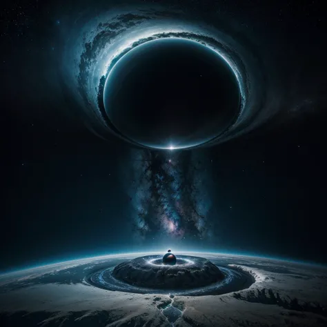 Visualize a cosmic spectacle where a black hole, como uma entidade imponente, hovers in the void of space. Um halo distorcido o rodeia, destacando sua voracidade gravitacional. The space between the black hole and the surrounding environment is vast, provi...