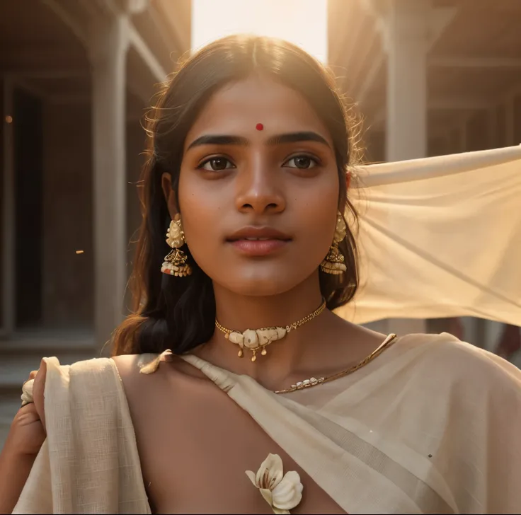 young Indian girl, 18-year-old,  gentle sun lighting on face , village mood , old cloths, silk cloth, cloth is transperent , village girl vibe, intricate facial details, full body picture, cinimatic pose flawless complexion, top-notch 3D rendering, hyper-r...