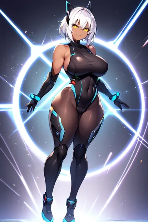 1girl, dark-skinned female, dark skin, white hair, very short hair, large breasts, breasts, wide hips, yellow eyes, smile, smirk, smug, bodysuit, black bodysuit, white trim, sleeveless, black pantyhose, pantyhose, white neon trim, neon trim, futuristic, te...