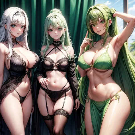 3 mulheres, one with lime green hair, olhos verdes, cabelo curto, seios pequenos roupa curta. Outra de cabelo preto, olhos vermelhos, sexy, chifres pontudos  vermelhos, grandes seios roupa transparente. E outra de cabelo branco, olhos azuis, pelada, fofa, ...