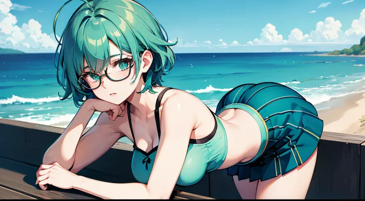 1girl, solo, 53 years old, milf, teal and green hair, messy hair, asymmetrical hair, ahoge, very short hair, aqua eyes, medium breasts, pale skin, glasses,blue sky, ocean, short skirt, (very detailed background:1.0), (highly detailed background:1.0),