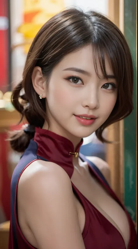 (top-quality、8K、​masterpiece、nffsw:1.2)、Three 19-year-old slender beauties lined up，Flashy makeup with red eyeshadow，二重まぶた，delicate mid-cut ponytail，sexy cheongsam and silk miniskirt，The best smile，She is wearing a sexy short colorful cheongsam。。。。。。。，Chin...