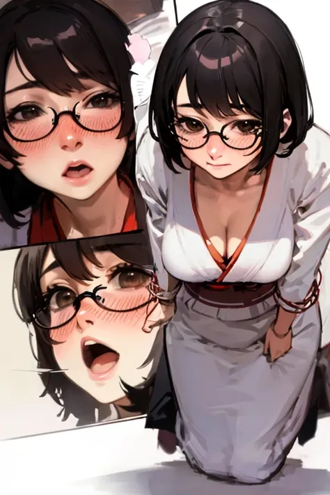 stema peace、hanekawa tsubasa、attack of glasses、a dark-haired、large boob、 (black hair, brown eyes, round face), (nose blush, half...