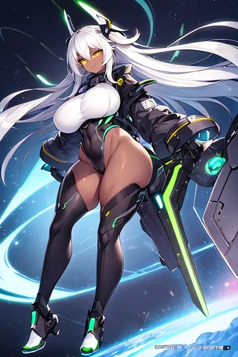 1girl, dark-skinned female, dark skin, white hair, long hair, large breasts, breasts, wide hips, yellow eyes, smile, smirk, smug, bodysuit, black bodysuit, white trim, black pantyhose, pantyhose, white neon trim, neon trim, futuristic, tech, science-fictio...