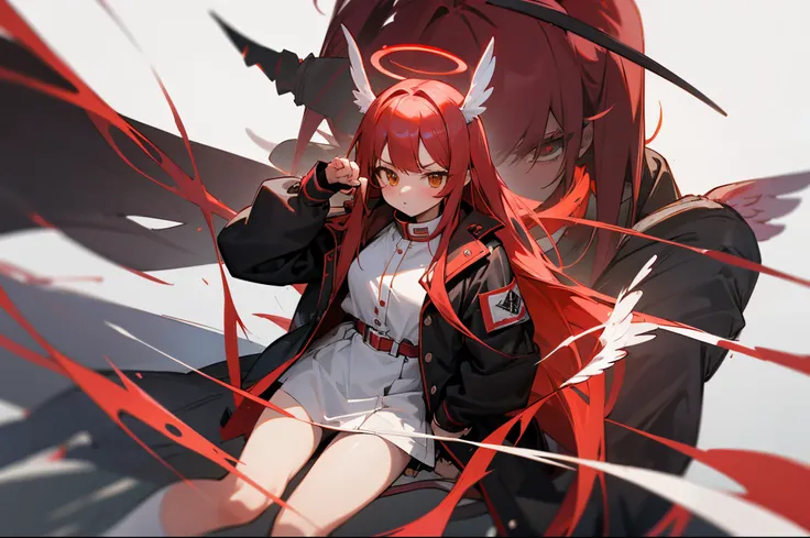 bit girl，Red wings，angelicales，Red angel halo，Black jacket，long whitr hair，curlielack Devil Horn，raging fire，White knee-length socks，a cat tail，incredulous