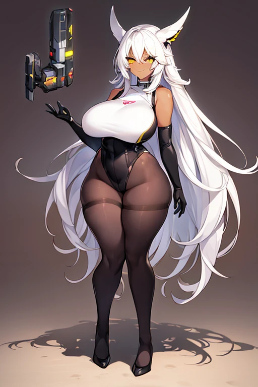 1girl, dark-skinned female, dark skin, white hair, long hair, large breasts, breasts, wide hips, yellow eyes, smile, smirk, smug, bodysuit, black bodysuit, white trim, sleeveless, black pantyhose, pantyhose, futuristic, tech, science-fiction, full body, ((...