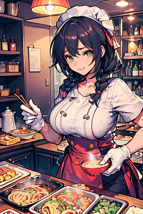 best quality, ultra-detailed, high resolution,anime screencap, unity 8k wallpaper, pov , heaping dumpling and ramen, dark ramen master, dark dumpling master,colorful dumpling dark bar,chef,two strands hanging in front,non visible underboobs,floral blouse, ...