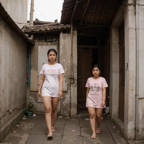 A young woman indonesian wearing a white T-shirt has the words Pinjam Dulu Seratus in pink. chubby. Thick artistic writing. Walking in a narrow alley, in Indonesian. Looking at the camera. Sai-hdr