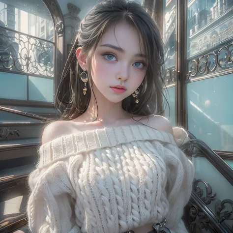 ((girl standing on the stairs in the office)),bright expression、Young shiny shiny white shiny skin、Best Look Rondo Reflective Light、Platinum blonde hair with dazzling highlights、shiny light hair,、Super long silky straight hair、Beautiful bangs that shine、Gl...