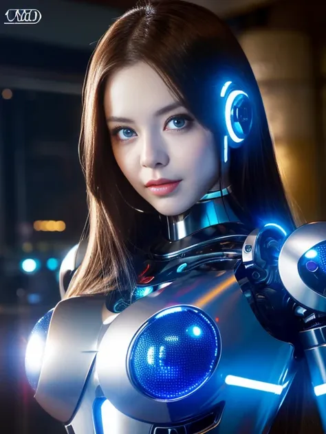 masterpiece, high quality, ultra-derailed, a 40-year-old Japanese woman who has been modified into an emotionless robot with very large breasts, long brown hair, blue glowing eyes and red glowing pupils, mechanical ears, ball joints, Silver metallic retro ...