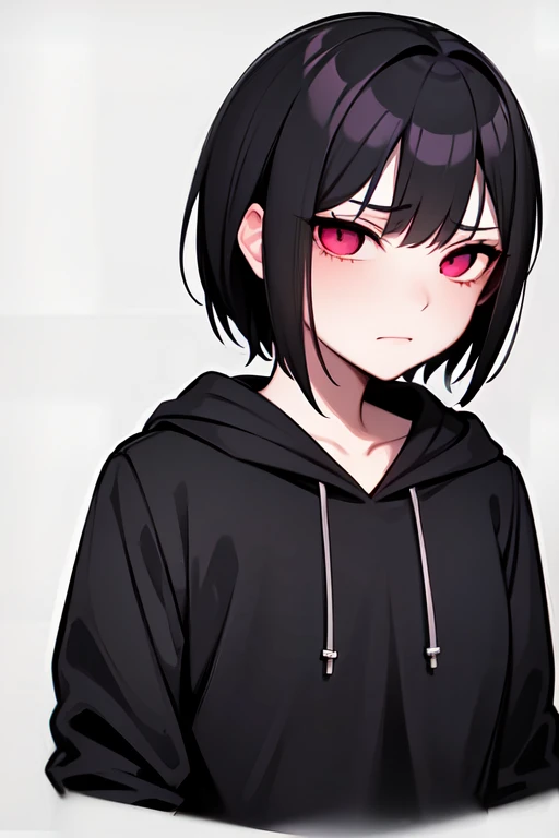 The dim，Gothic Girl, her gloomy expression、highlighted by a dark atmosphere. he is wearing a hoodie that hides part of his face.,Futomo. short dark hair, red eyes，short-cut，rot，A dark-haired，inner colored，Erotic，bob cuts，Bare legged，Impressive eyes，best fa...