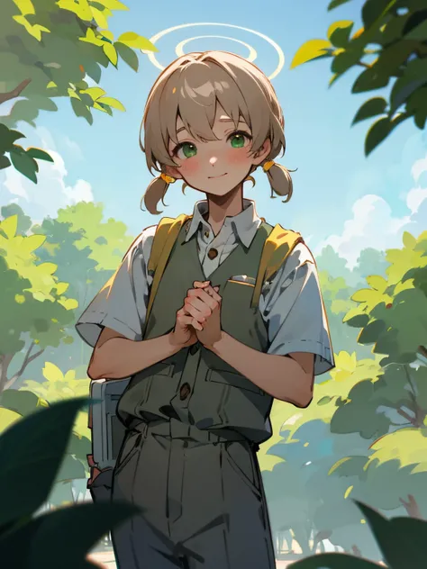 1boy、Very beautiful boy、cute face、cute smile、blushing、bare hands、silber hair、Blonde hair、green eyes、Brown vest、 country scenery、Woods、White cutter shirt、half-pants、Natural lighting、Studio Ghibli、blue-sky、hight resolution、best quality,